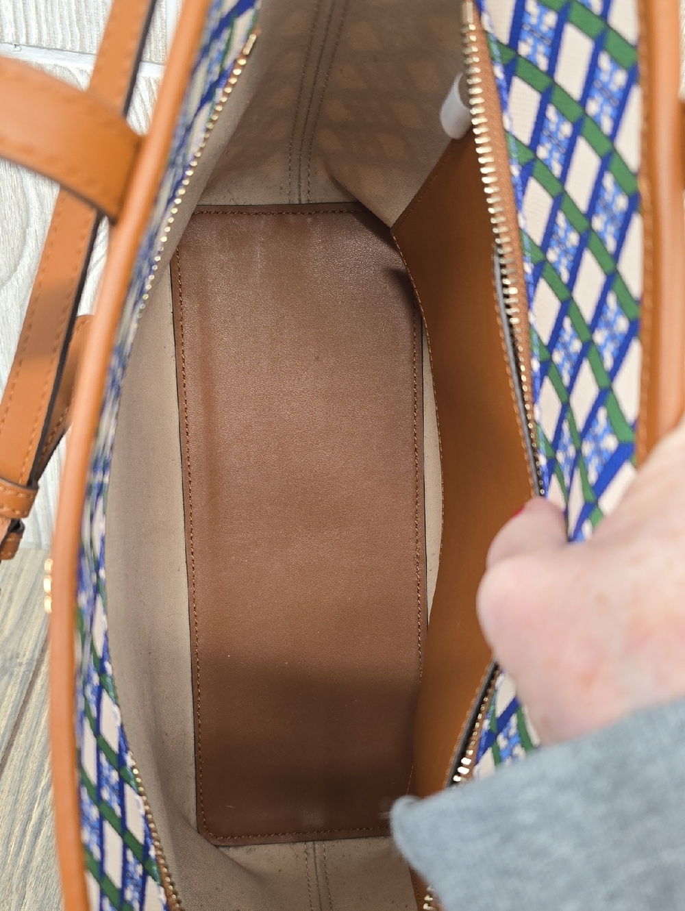 Tory Burch Tote Bag with Blue Green Lattice Pattern and Brown Trim - Picture 10 of 12